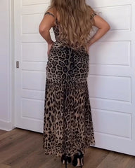 Off Shoulder Mesh Leopard Print Lace-Up Slimming Dress