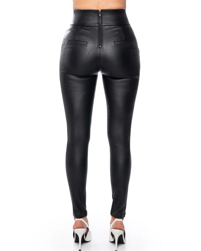 Back-Zip Leather Hip-Lift Leggings