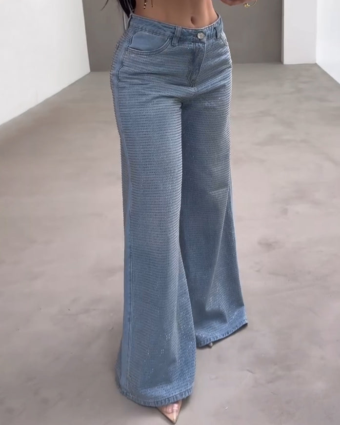 High-Rised Sparkling Rhinestones Wide-Leg Jeans