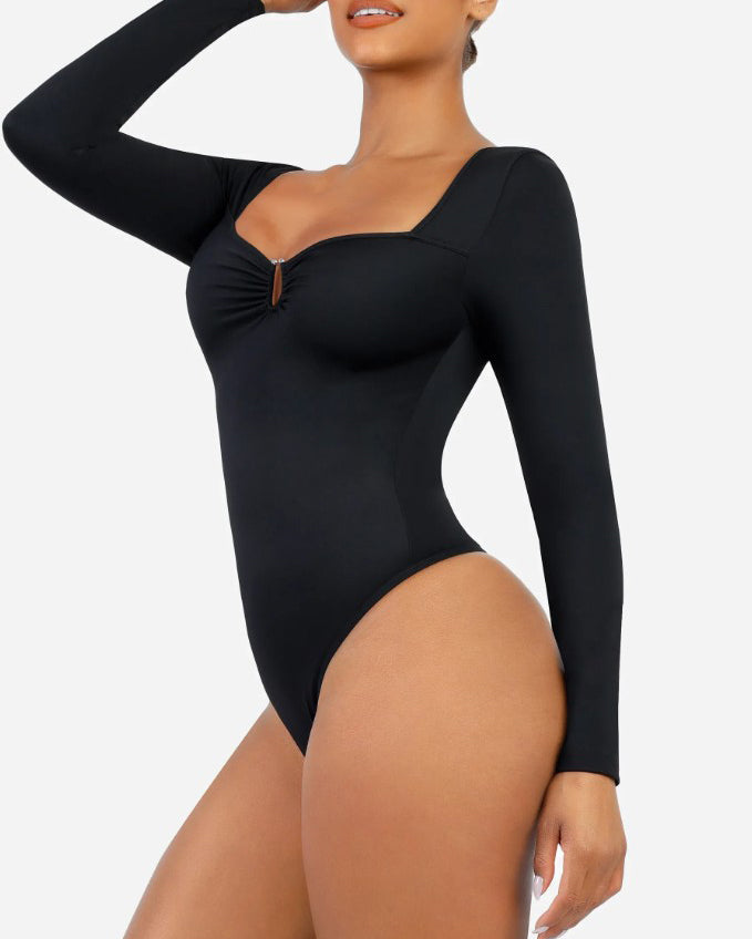 Cutout Long-Sleeved Tummy Shaping Thong Bodysuit