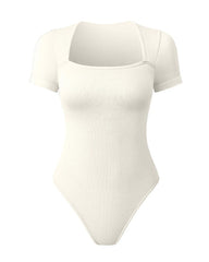 Square Neck Short Sleeve Ribbed Thong Bodysuit