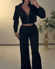 Sparkling Rhinestone Casual Hooded Cardigan Pants Set
