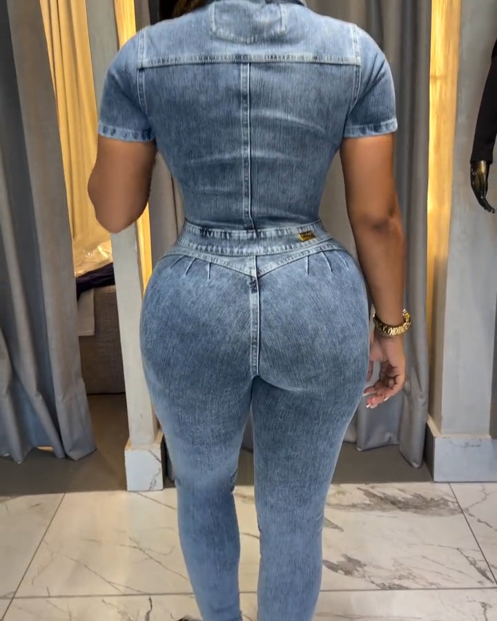 Slim-Fit Denim Jumpsuit
