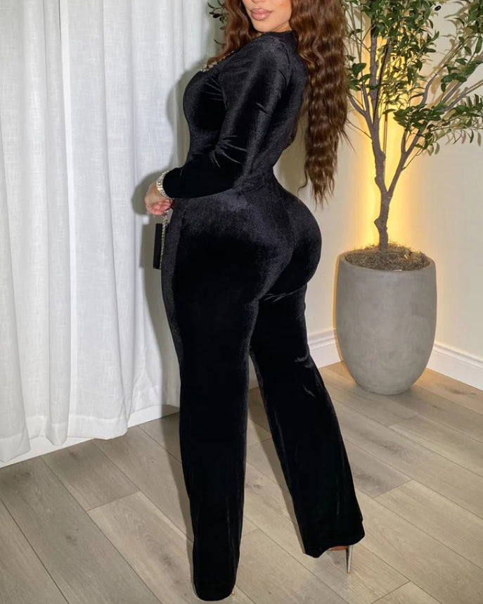 Rhinestone-Trimmed Long-Sleeved Bodycon Jumpsuit