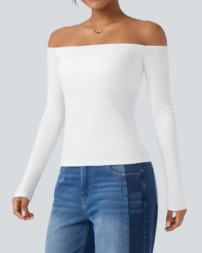 Off-Shoulder Built-In Bra Ribbed Knit Long-Sleeve Top