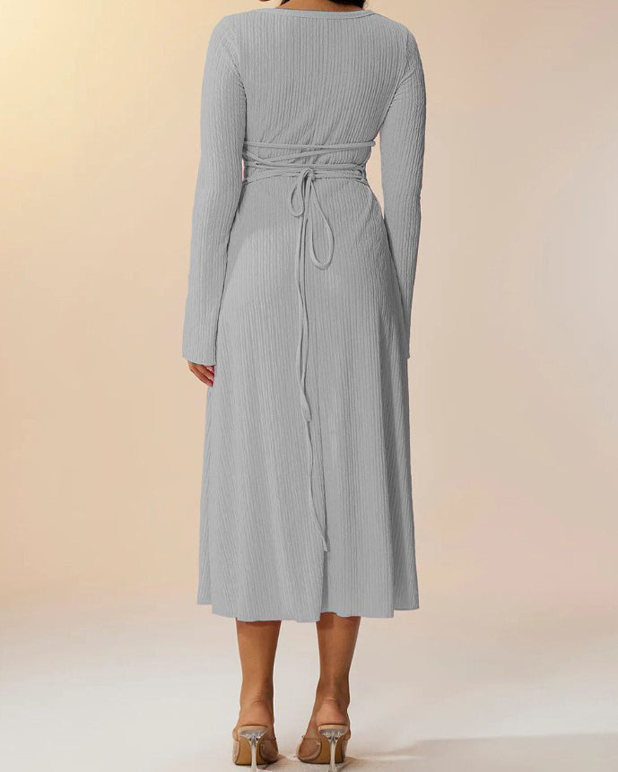Knitted Ribbed Square Neck Long-Sleeved Tie Dress
