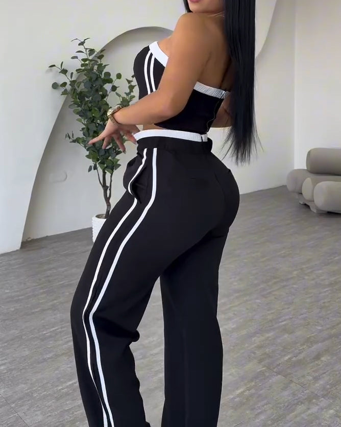 Stitching Style Tube Top Wide Leg 2 Piece Set