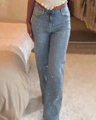 High-Waisted Rhinestone Straight-Leg Jeans