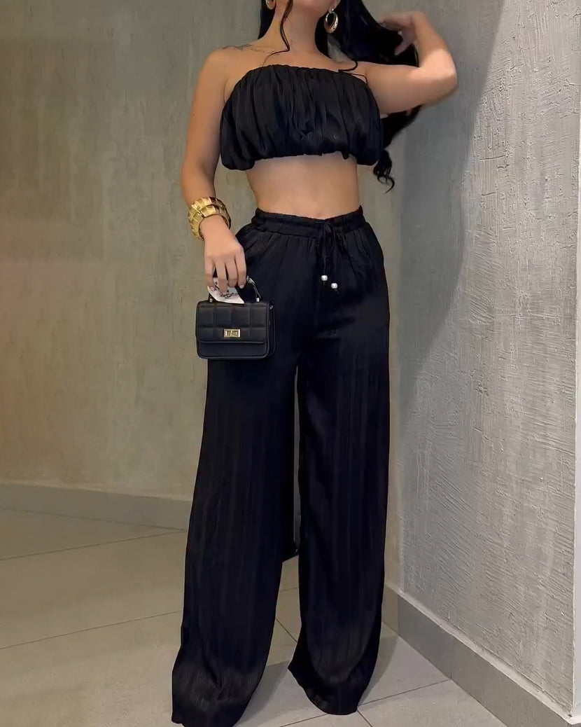 Shinny Bandeau Wide-Leg Slim Fit 2-Piece Set