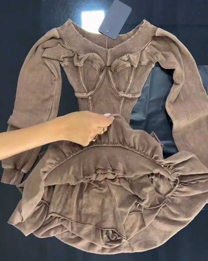 Long-Sleeved Ruffled Slim Fitted Dress