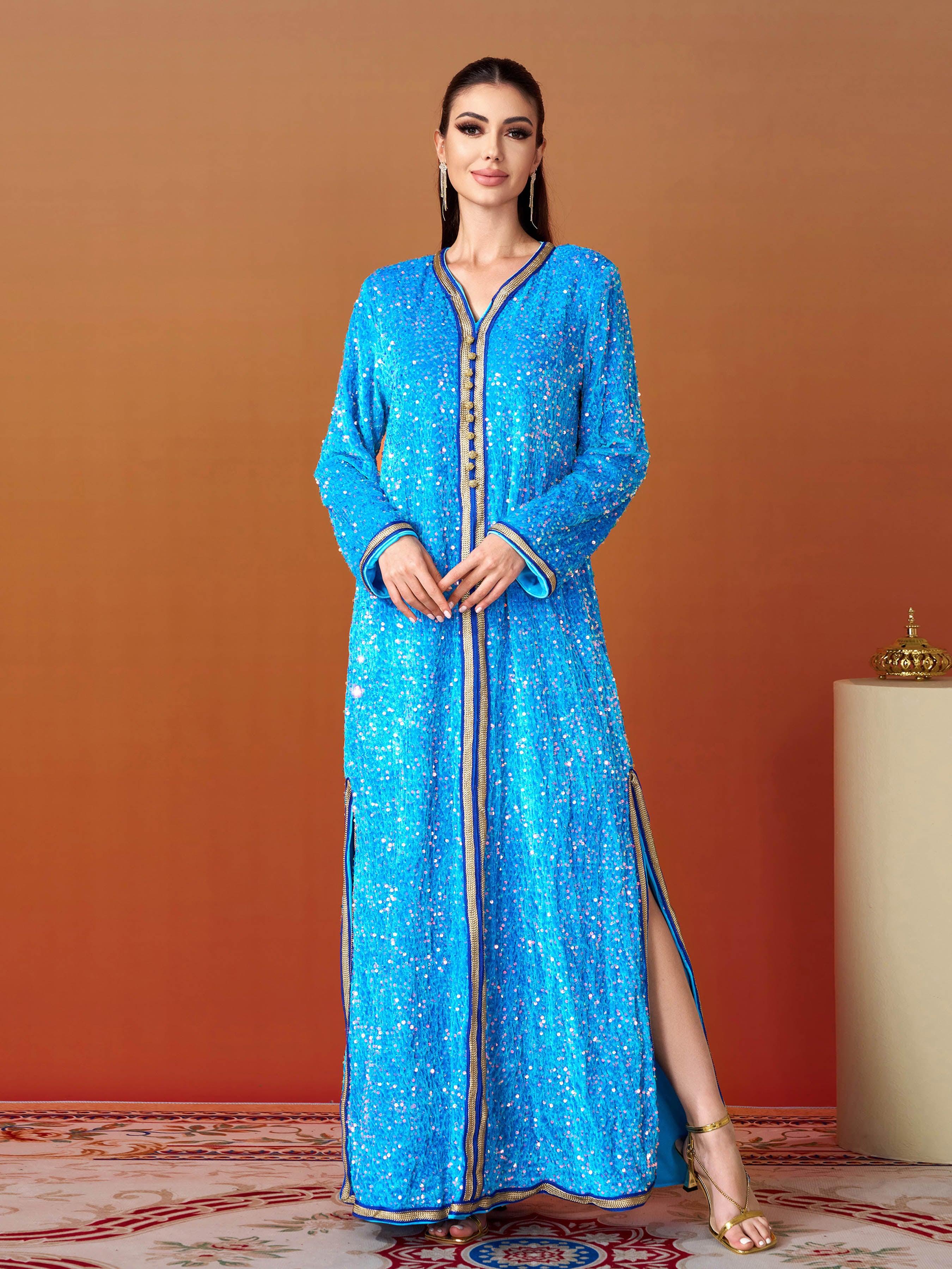 V-neck Long Sleeve Sequin Split Dress