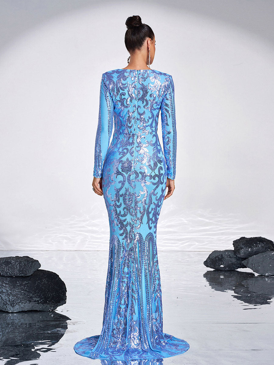Long Sleeve Sequin Apricot Formal Dress