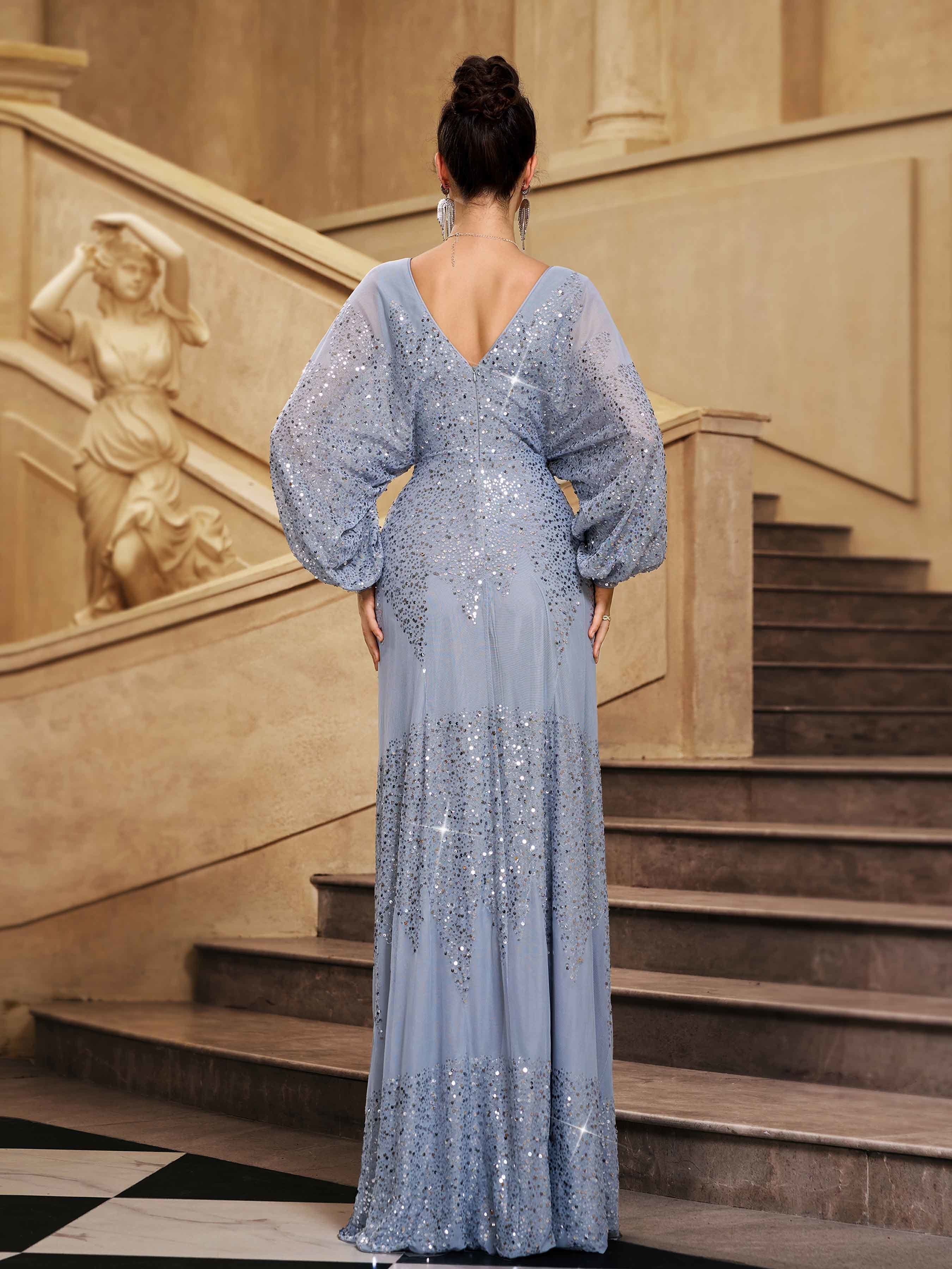 Grey Sequin Loose Split A-line Prom Dress