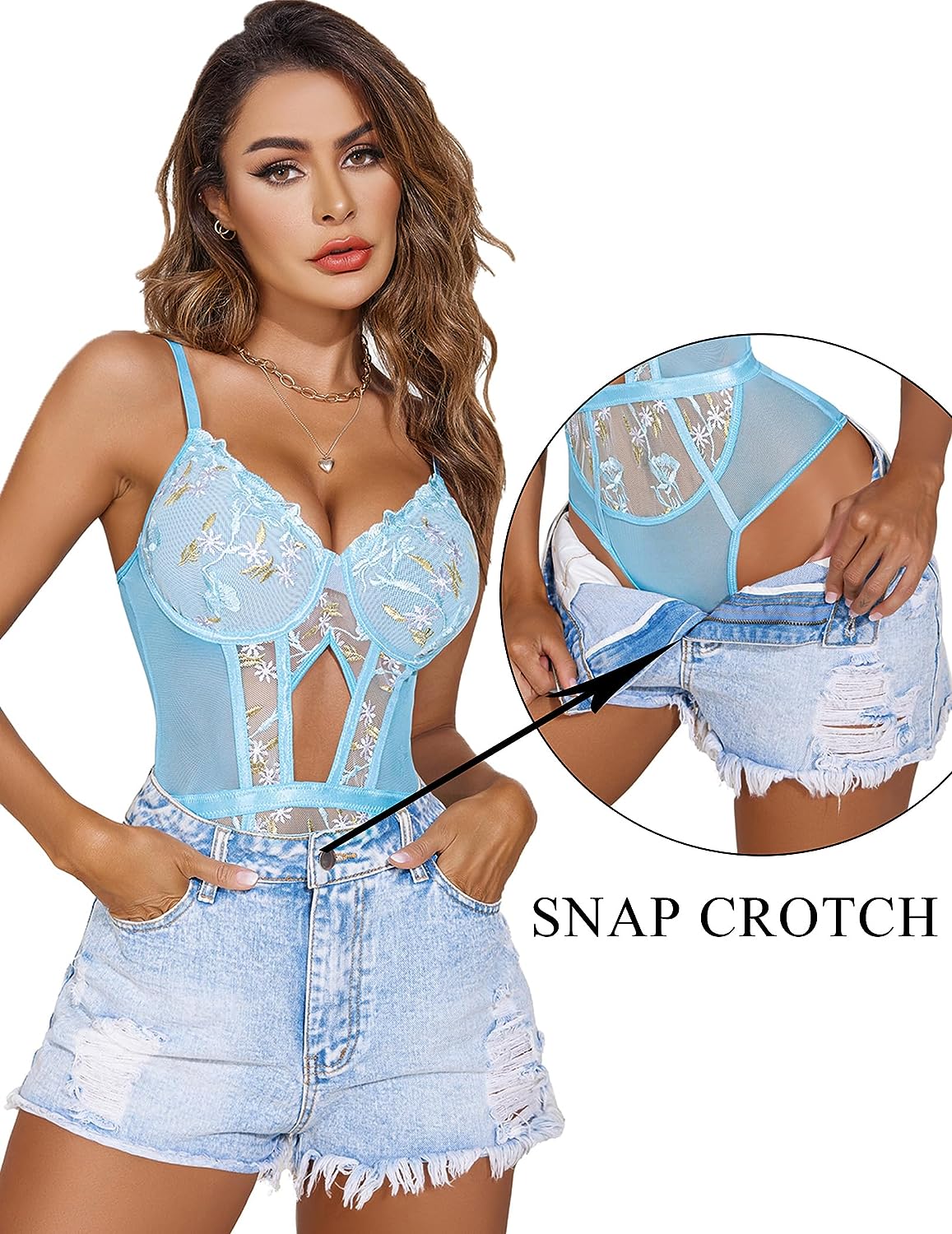 FEmbroidery Lace Up Bodysuit with Garter Belt