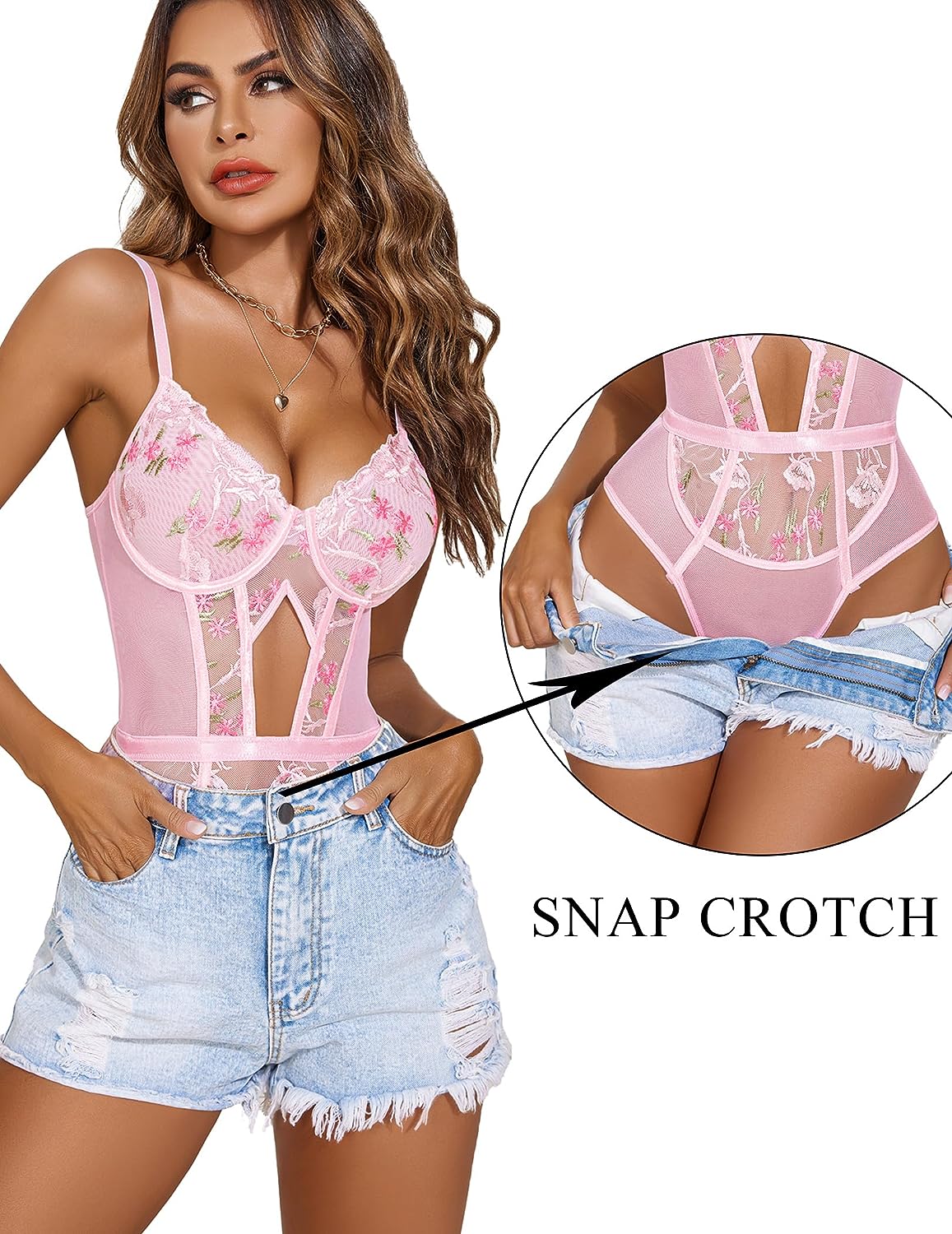 FEmbroidery Lace Up Bodysuit with Garter Belt