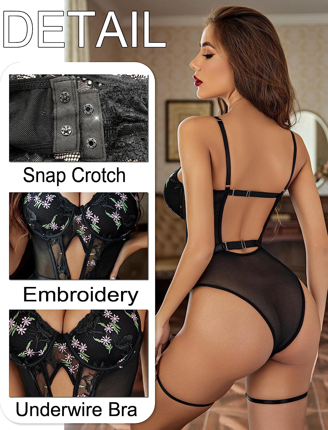 FEmbroidery Lace Up Bodysuit with Garter Belt