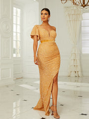 One Shoulder Mesh Panel Split Thigh Sequin Formal Dress