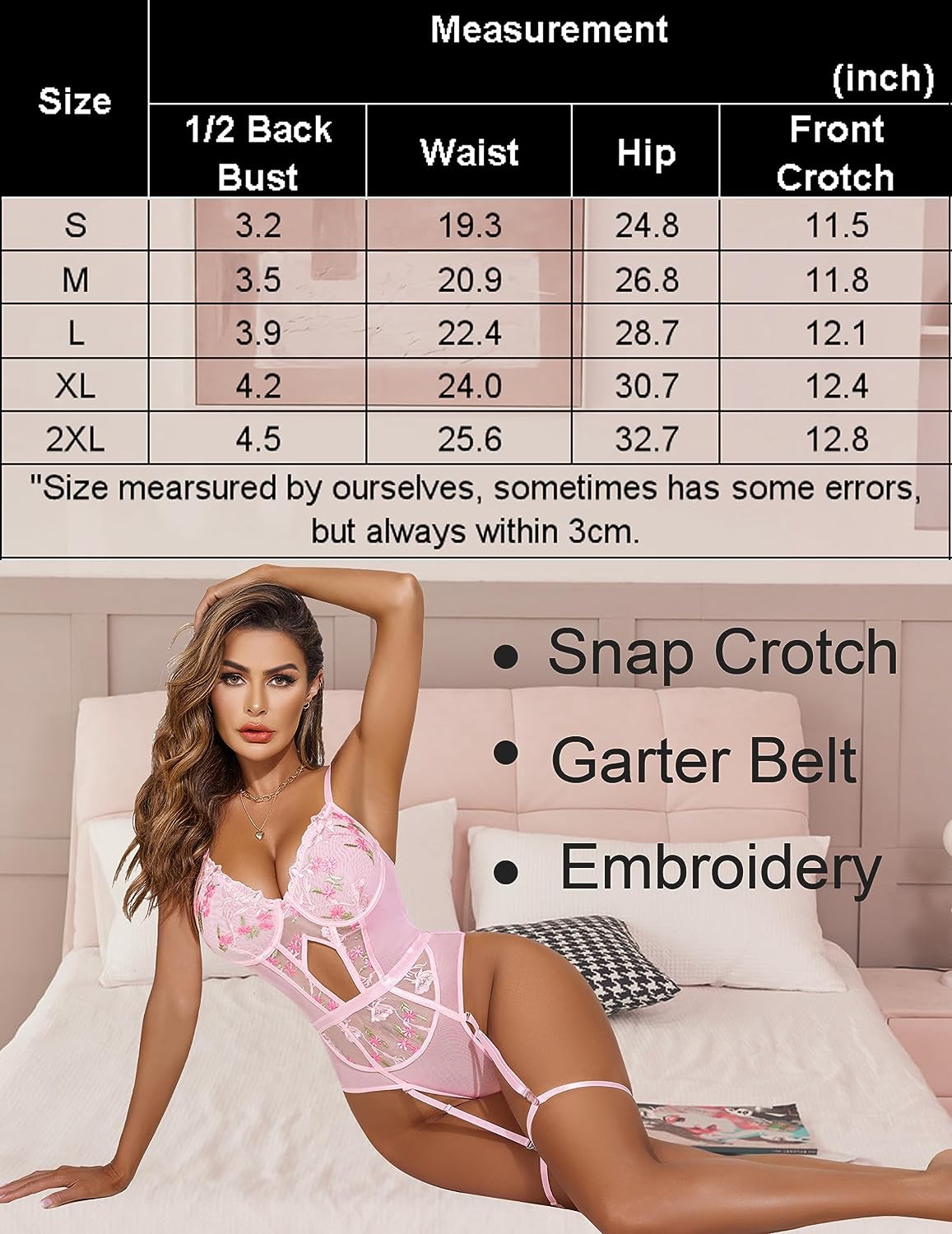 FEmbroidery Lace Up Bodysuit with Garter Belt