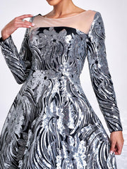 Black Panel A-line Sequin Evening Dress
