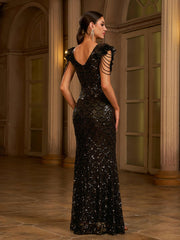 Black Sequin Chain Ruffled Cocktail Dress