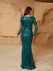 Long Sleeve Graphic Sequin Prom Dress