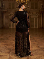 V-neck Wrap Hem Sequin Maxi Dress