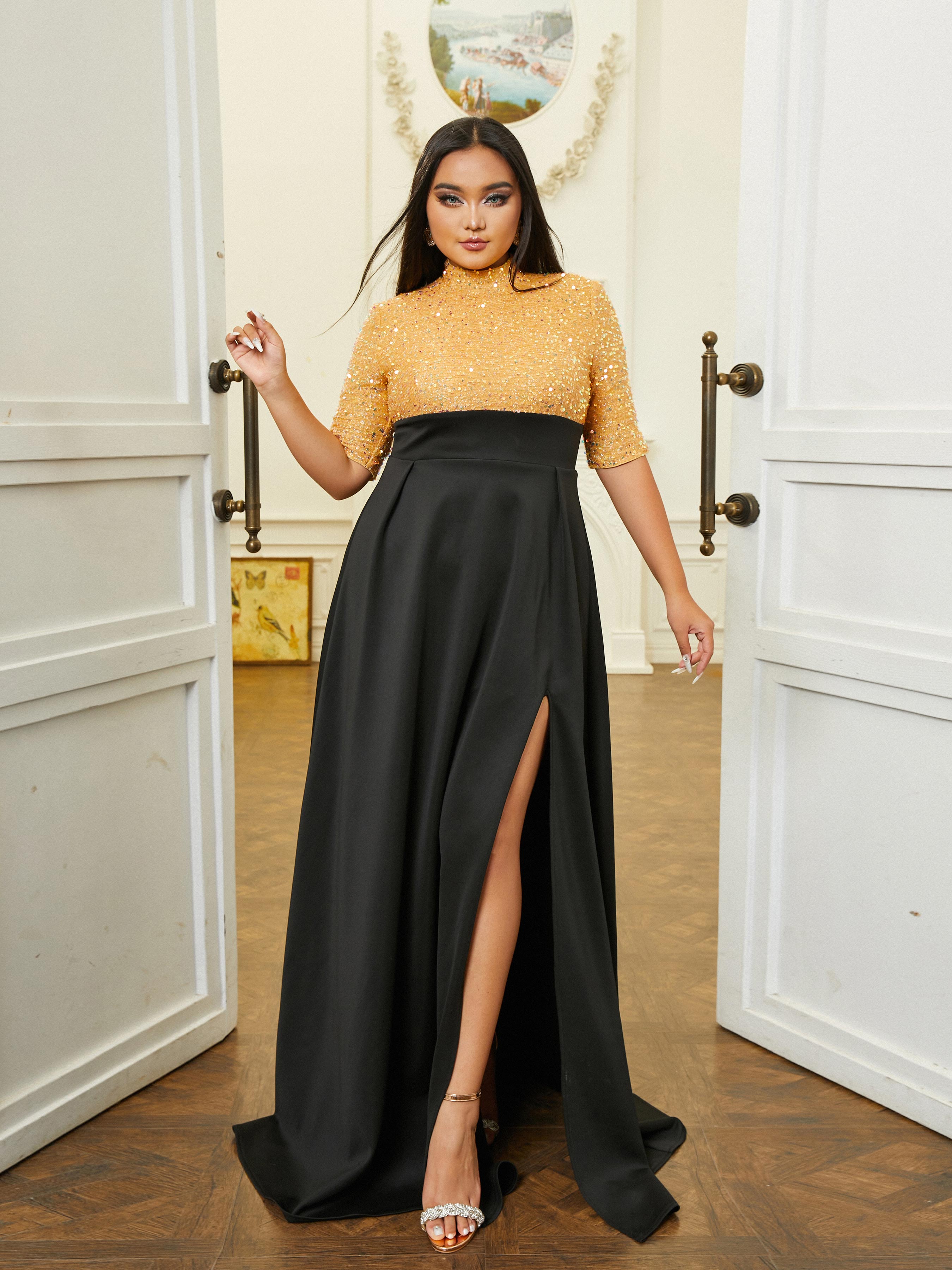 Stand Collar Panel A-Line Pleated Split Prom Dress