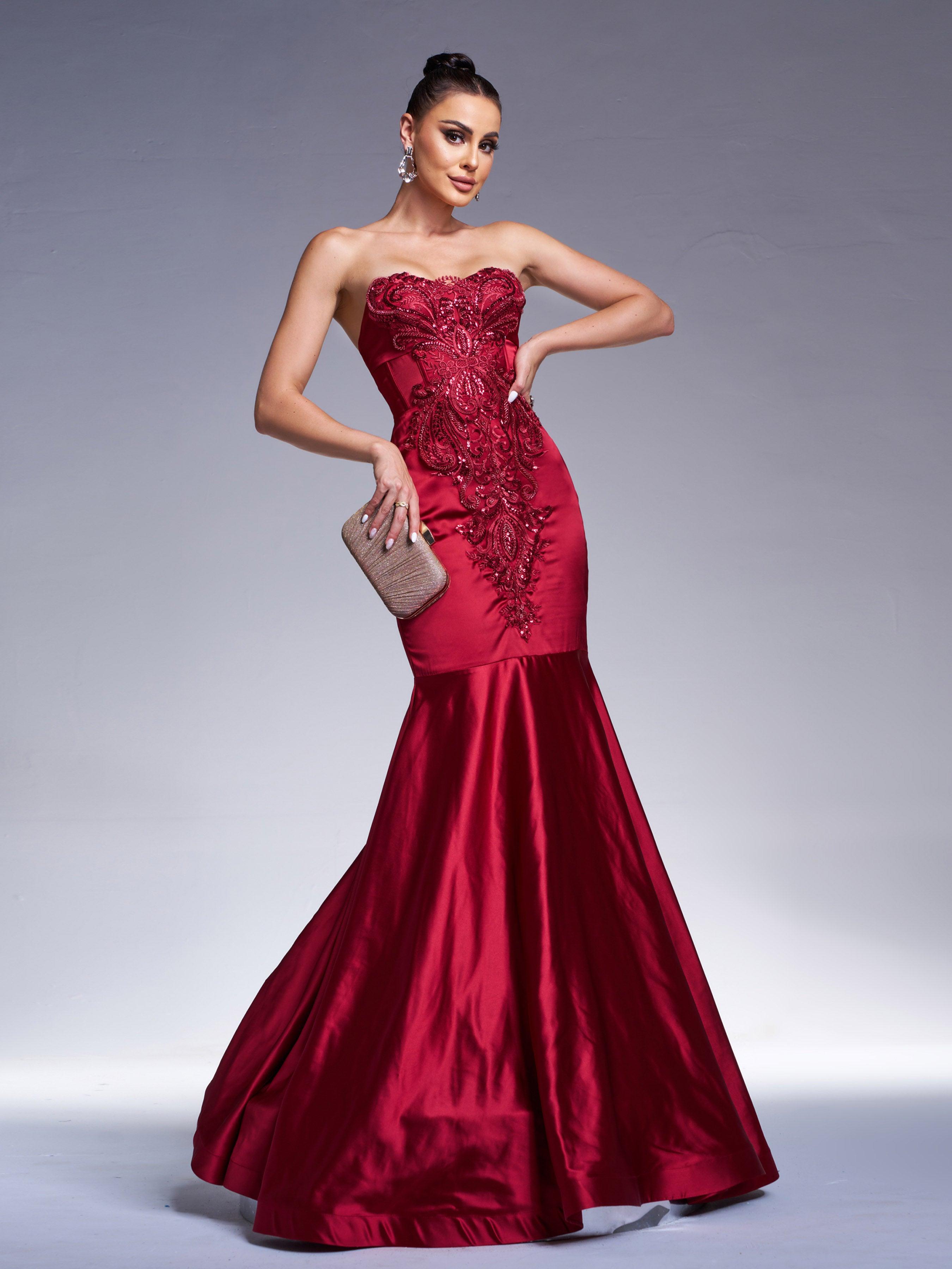 Red Strapless Embroidered Mermaid Evening Dress