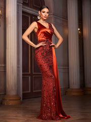 Elegant Drape Satin and Sequin Embellished Mermaid Evening Gown