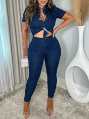 Skinny One Piece Romper Denim Jumpsuit