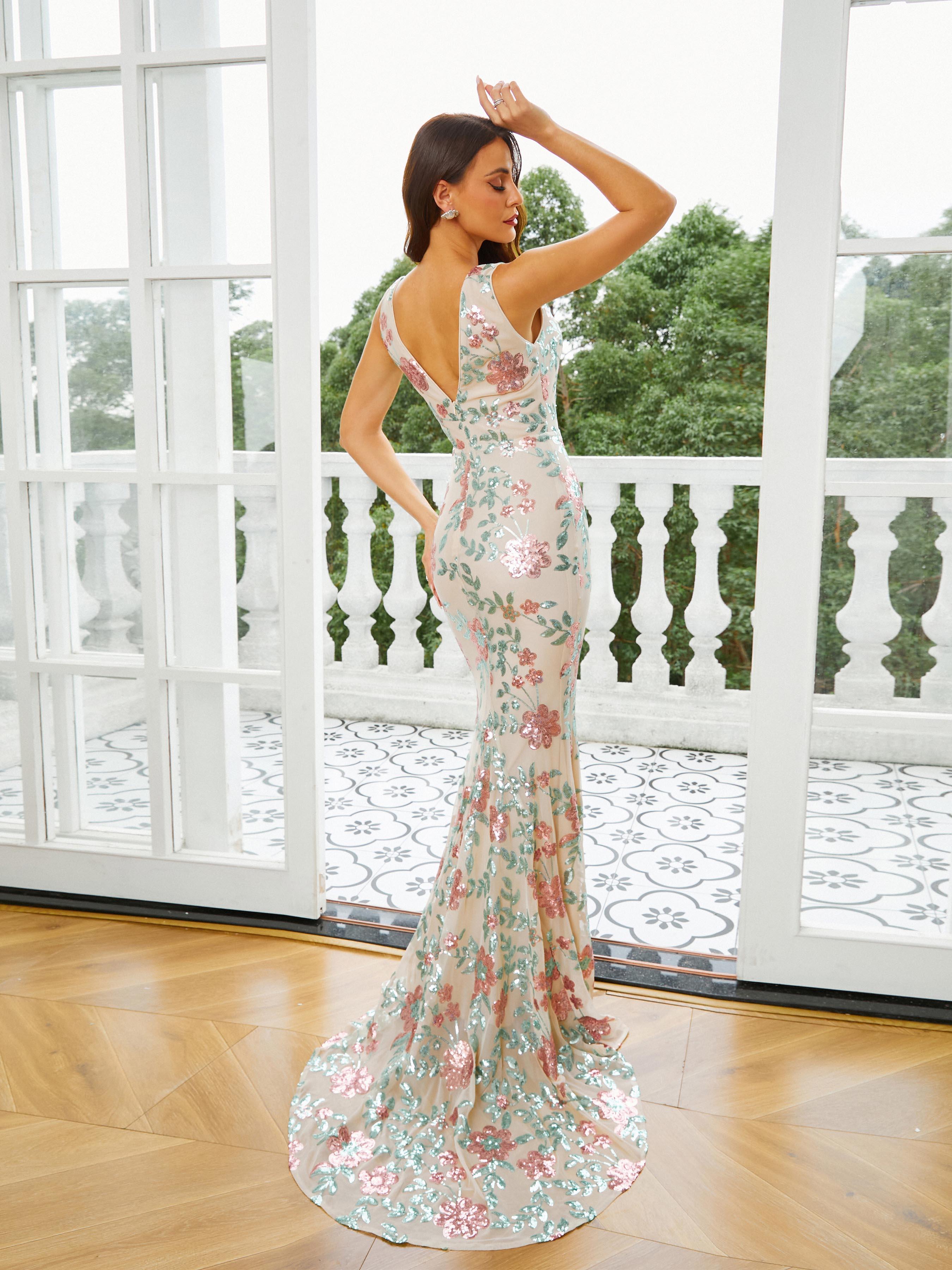 Floral V-neck Sequin Mermaid Prom Dress