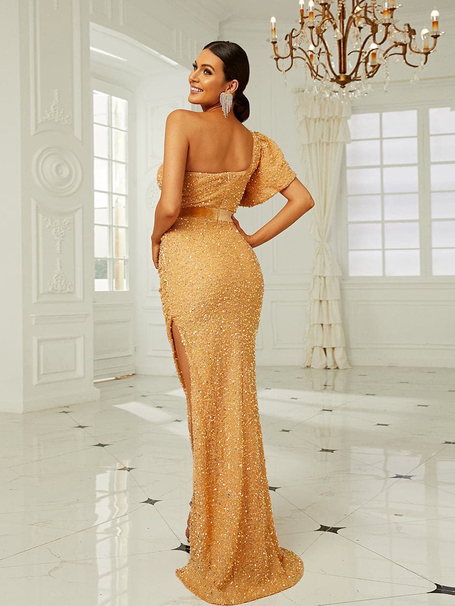 One Shoulder Mesh Panel Split Thigh Sequin Formal Dress
