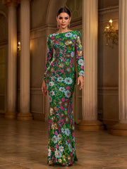 Green Floral Sequin Long Sleeve Prom Dress