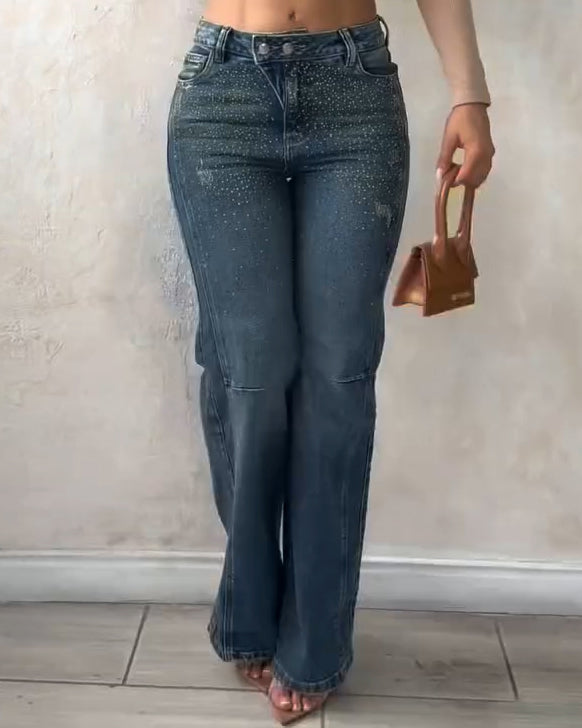 Double-Breasted Sparkling Rhinestones Jeans