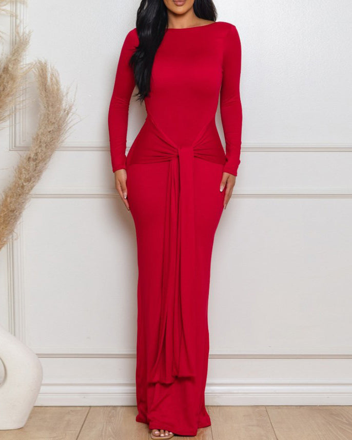 Long-Sleeved Slimming Backless Long Dress
