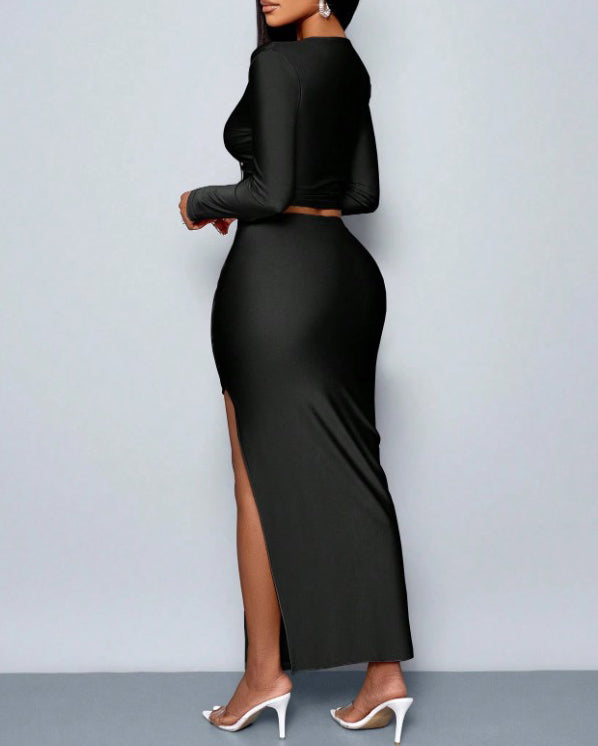 Long-Sleeved Ruched Slim Fit Maxi Skirt 2-Piece Set