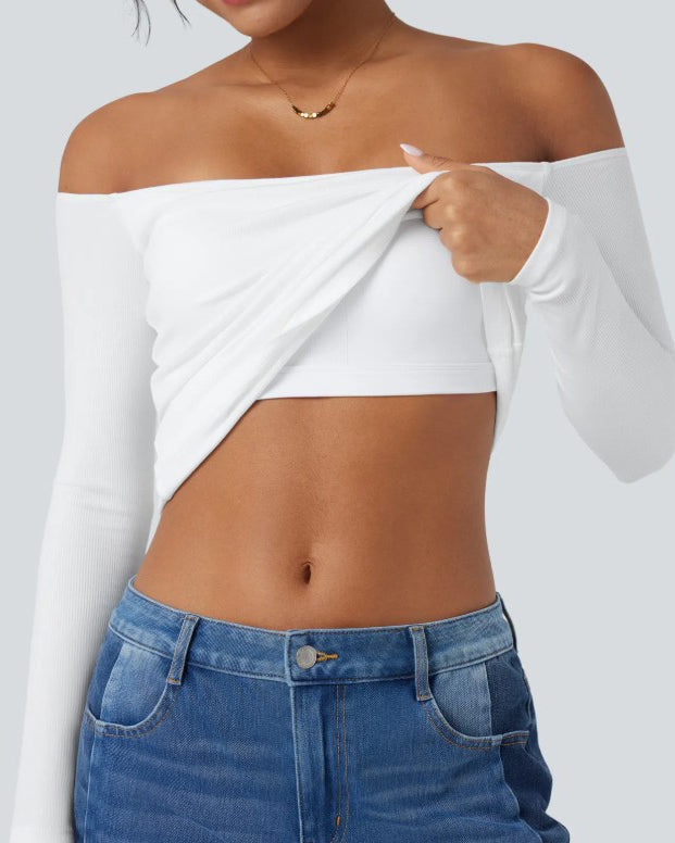 Off-Shoulder Built-In Bra Ribbed Knit Long-Sleeve Top