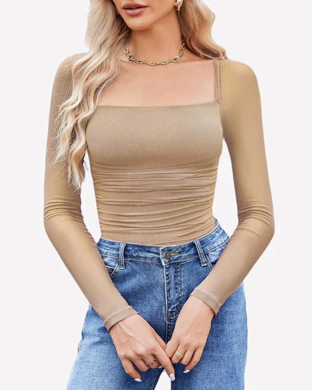 Square Neck Ruched Mesh Long Sleeve Shaping Bodysuit