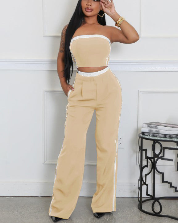 Stitching Style Tube Top Wide Leg 2 Piece Set