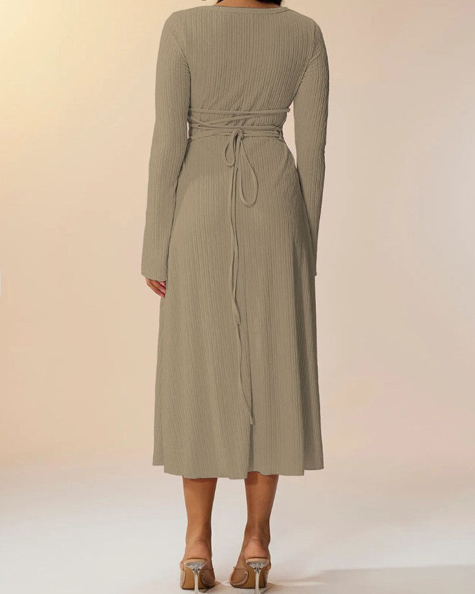 Knitted Ribbed Square Neck Long-Sleeved Tie Dress