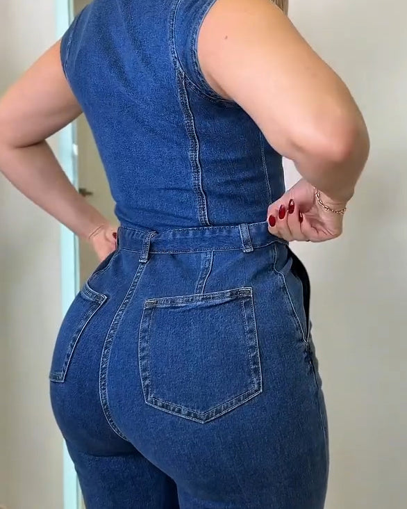 Square-Neck Casual Denim Jumpsuit