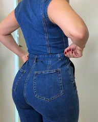 Square-Neck Casual Denim Jumpsuit