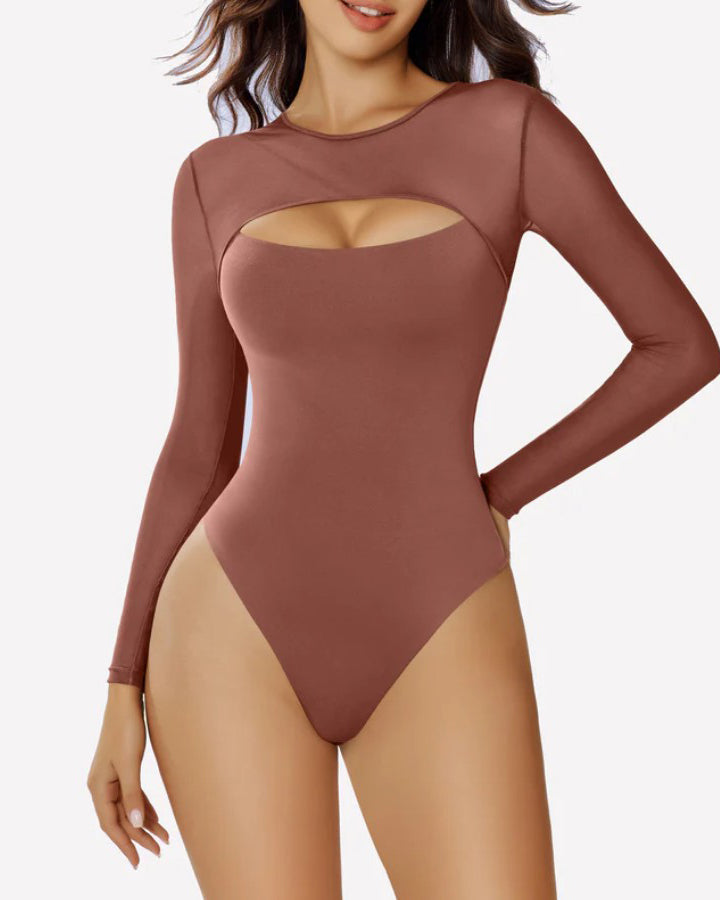 Mesh Long Sleeve Cutout Thong Shapewear Bodysuit