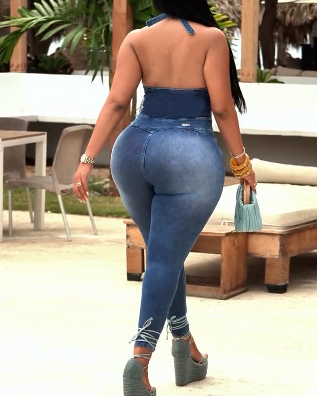 Halter Neck Slimming Hip-Lifting Sleeveless Denim Jumpsuit