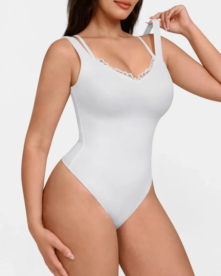 Lace-Trimmed Deep V Thong Slimming Bodysuit