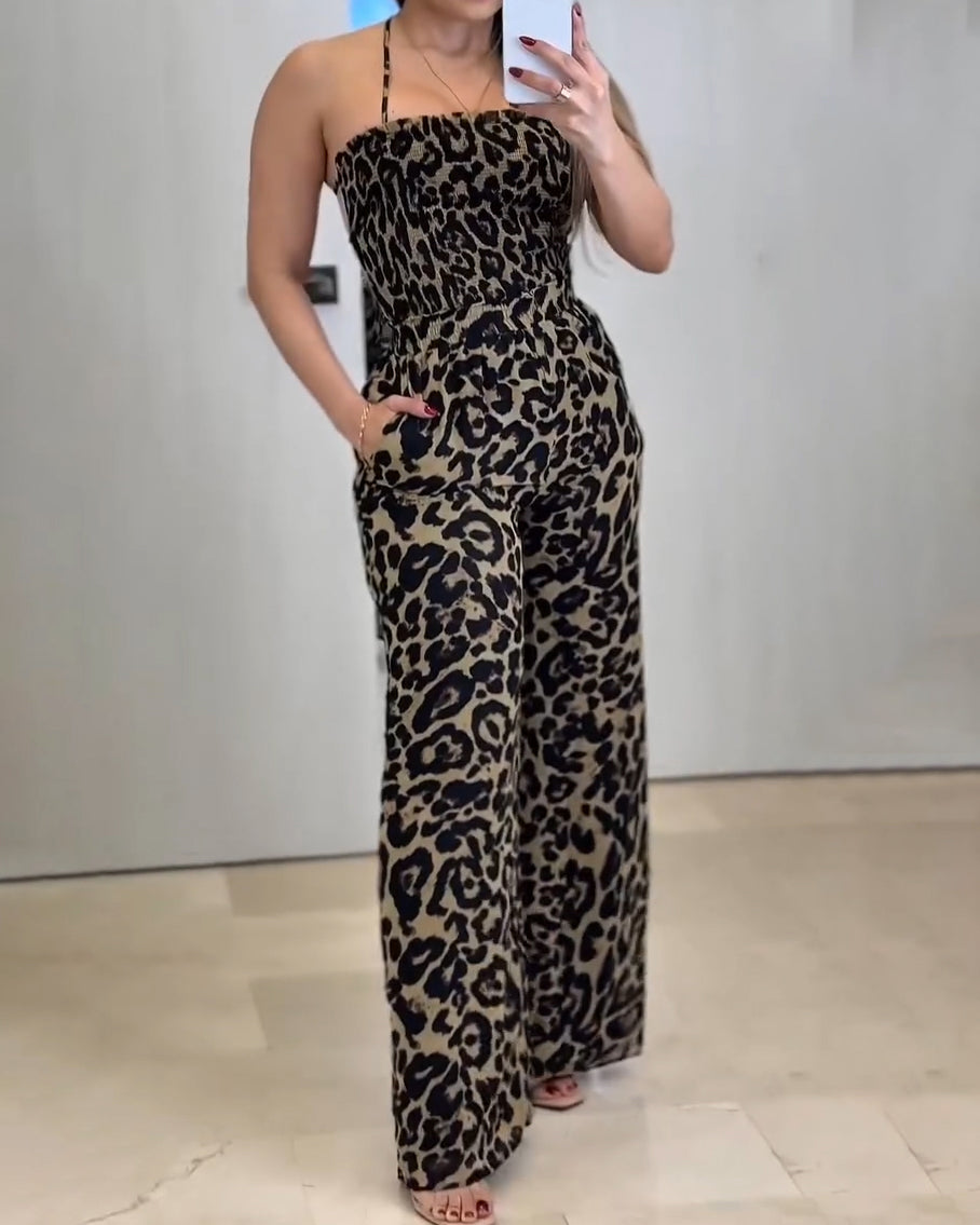 Leopard Print Backless Wide-Leg Jumpsuit