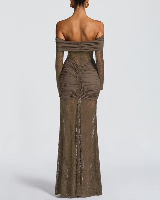Lace Off-Shoulder Slit Long-Sleeved Dress