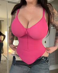 V-Neck Front Zip Ribbed Shapewear Thong Bodysuit
