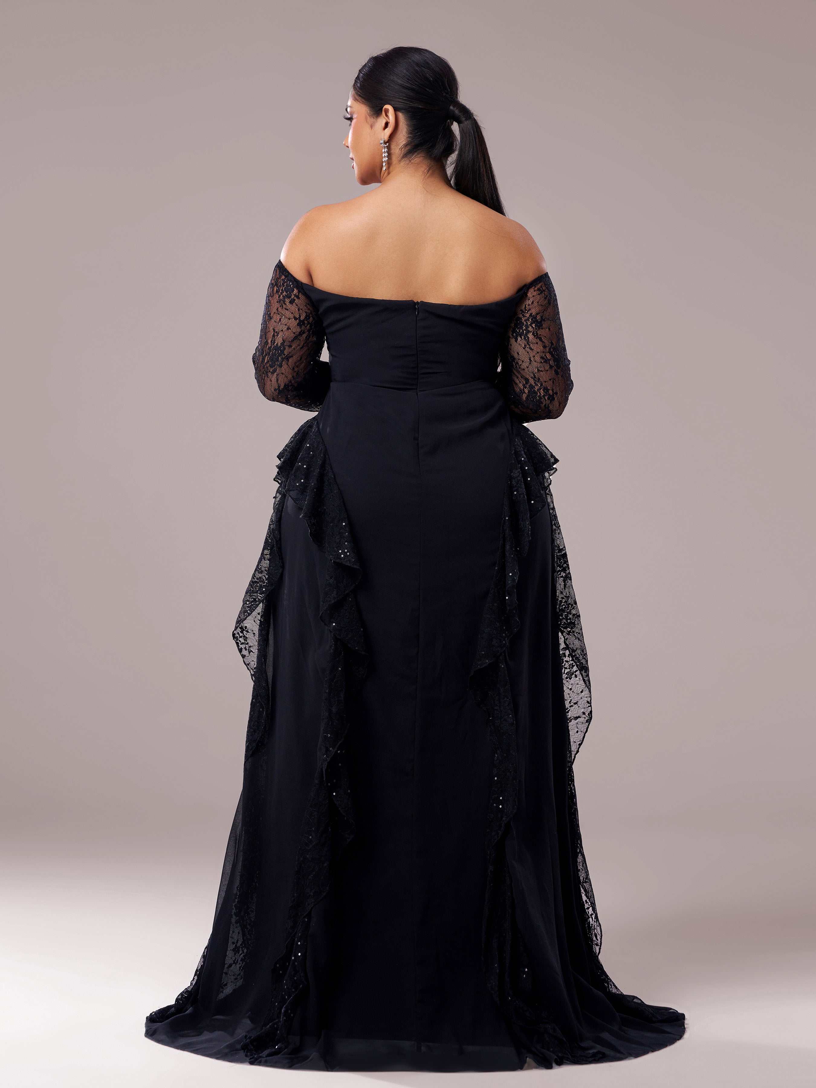 Plus Off Shoulder Corset Lace Panel Prom Dress