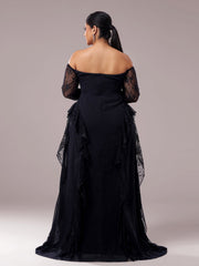 Plus Off Shoulder Corset Lace Panel Prom Dress